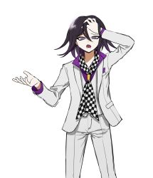 Rule 34 | 1boy, arm up, black hair, checkered clothes, checkered scarf, cowboy shot, danganronpa (series), danganronpa v3: killing harmony, grey jacket, grey pants, hair between eyes, hand on forehead, hand up, highres, jacket, long sleeves, looking at viewer, lower teeth only, male focus, messy hair, multicolored hair, no (xpxz7347), open mouth, oma kokichi, pants, purple eyes, purple hair, scarf, shirt, simple background, solo, standing, teeth, white background, white jacket