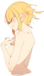 Rule 34 | 1girl, absurdres, back, blonde hair, blunt bangs, blush, boku no hero academia, breasts, closed eyes, closed mouth, completely nude, cropped torso, double bun, from side, hair bun, hands up, highres, medium breasts, messy hair, nude, rasusurasu, short hair with long locks, shoulder blush, sideboob, sidelocks, sideways mouth, simple background, solo, straight hair, toga himiko, upper body, white background