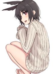 Rule 34 | 1girl, black hair, blush, breasts, elfenlied22, fate/grand order, fate (series), head wings, highres, legs, long sleeves, looking at viewer, open mouth, ortlinde (fate), red eyes, ribbed sweater, short hair, simple background, solo, squatting, sweater, turtleneck, turtleneck sweater, valkyrie (fate), white background, white sweater, wings
