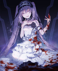 Rule 34 | 1girl, :d, bangle, bare shoulders, black ribbon, blood, blood on clothes, blood on hands, bracelet, breasts, bridal gauntlets, commentary request, dress, fate/hollow ataraxia, fate (series), frilled dress, frilled hairband, frills, hair between eyes, hairband, hand up, head tilt, highres, jewelry, layered dress, long hair, looking at viewer, open mouth, purple eyes, purple hair, ribbon, single bridal gauntlet, small breasts, smile, solo, stheno (fate), strapless, strapless dress, twintails, twitter username, very long hair, white dress, white hairband, yuuki kira