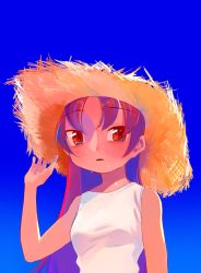 Rule 34 | 1girl, absurdres, bare shoulders, blue background, blue theme, day, dress, gradient background, hair between eyes, hat, highres, long hair, looking at viewer, mahou shoujo madoka magica, mahou shoujo madoka magica (anime), mihifu, open mouth, outdoors, red eyes, red hair, sakura kyoko, simple background, sky, solo, straw hat, sun hat, white dress