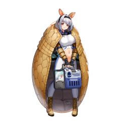 Rule 34 | 1girl, animal, armadillo ears, armadillo shell, blush, bodysuit, boots, breasts, chinchilla (animal), clothing cutout, full body, game cg, hair intakes, hairband, highres, large breasts, last origin, looking at viewer, mr.yun, navel, navel cutout, official art, saetti, shell, short hair, silver hair, solo, tachi-e, tareme, transparent background, wavy mouth