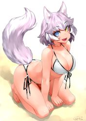 Rule 34 | 1girl, animal ears, barefoot, bikini, blue eyes, breasts, dated, dog (mixed breed) (kemono friends), dog ears, dog tail, fang, front-tie bikini top, front-tie top, grey hair, happa (cloverppd), heterochromia, kemono friends, large breasts, looking at viewer, multicolored hair, open mouth, short hair, side-tie bikini bottom, solo, swimsuit, tail, two-tone hair, white bikini, white hair, yellow eyes