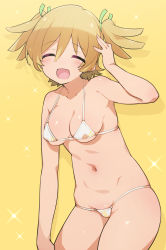 Rule 34 | 1girl, :d, ^ ^, arm up, bare arms, bare shoulders, bikini, blonde hair, blush, breasts, cleavage, closed eyes, collarbone, commentary request, commission, cowboy shot, daiba nana, drop shadow, facing viewer, green ribbon, groin, hair between eyes, hair ribbon, halterneck, medium breasts, micro bikini, navel, open mouth, pixiv commission, ribbon, short hair, short twintails, shoujo kageki revue starlight, smile, solo, sparkle background, standing, stomach, string bikini, striped bikini, striped clothes, stroma, swimsuit, twintails, white bikini, yellow background