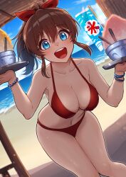 Rule 34 | 1girl, beach, bikini, blue eyes, blush, bow, breasts, brown hair, cleavage, collarbone, commentary request, hair bow, hair ribbon, highres, holding, idolmaster, idolmaster million live!, idolmaster million live! theater days, kamille (vcx68), looking at viewer, medium breasts, open mouth, ponytail, red bikini, ribbon, satake minako, solo, swimsuit
