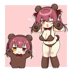 2girls alternate_costume animal_costume animal_ears animal_hands bandaid bandaid_on_knee bandaid_on_leg bear_costume bear_ears bear_paw bear_tail bikini blush_stickers border bow bowtie breasts brown_bikini brown_footwear brown_gloves chibi chibi_only cleavage commentary_request expressionless fang fur_bikini gloves hair_ribbon heart highres hololive houshou_kumarine houshou_marine large_breasts leaning_forward long_hair looking_at_viewer multiple_girls navel okunin one_eye_closed open_mouth paw_gloves paw_shoes pink_background red_bow red_bowtie red_eyes red_hair red_ribbon ribbon smile stomach swimsuit tail thighs virtual_youtuber white_background white_border yellow_eyes