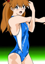 Rule 34 | 1girl, absurdres, ass, black background, blue eyes, blue one-piece swimsuit, blush, breasts, brown hair, covered navel, eywy4324, hair between eyes, highres, long hair, looking at viewer, medium breasts, navel, neon genesis evangelion, one-piece swimsuit, open mouth, solo, souryuu asuka langley, stretching, swimsuit, tsundere, two side up, wide hips