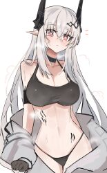 Rule 34 | 1girl, ^^^, absurdres, arknights, bare shoulders, bikini, black bikini, black gloves, breasts, bright pupils, cleavage, closed mouth, collar, collarbone, cowboy shot, gloves, grey hair, highres, horns, infection monitor (arknights), large breasts, long hair, long sleeves, looking at viewer, material growth, mudrock (arknights), navel, open clothes, oripathy lesion (arknights), pointy ears, red eyes, shino duka, solo, steaming body, stomach, swimsuit, thigh gap, very long hair