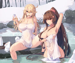 Rule 34 | 2girls, alternate costume, arm up, armpits, artist name, bare shoulders, bathing, blonde hair, breasts, brown hair, cleavage, dated, hair between eyes, hair intakes, highres, himeyamato, iowa (kancolle), kantai collection, large breasts, long hair, looking at viewer, multiple girls, naked towel, navel, nude, one eye closed, onsen, outdoors, ponytail, purple eyes, rabbit, red eyes, see-through, snow, spread legs, star-shaped pupils, star (symbol), symbol-shaped pupils, towel, very long hair, yamato (kancolle)