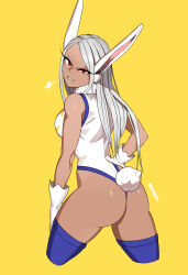 Rule 34 | 1girl, absurdres, animal ears, ass, bare arms, bare shoulders, blue thighhighs, boku no hero academia, dark-skinned female, dark skin, gloves, highres, koyap, long hair, looking at viewer, looking back, mirko, rabbit ears, rabbit tail, red eyes, sigh, simple background, sleeveless turtleneck leotard, solo, swept bangs, tail, thighhighs, white gloves, yellow background