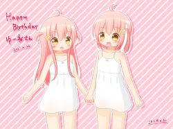 Rule 34 | 2girls, :d, ahoge, bare arms, bare shoulders, blush, borrowed character, brown eyes, collarbone, commentary request, dated, diagonal stripes, dress, eye contact, hair between eyes, hair ornament, hair ribbon, happy birthday, hatoqne, highres, ii (ayanepuna), long hair, looking at another, multiple girls, one side up, open mouth, original, pink background, ribbon, sleeveless, sleeveless dress, smile, striped, striped background, translation request, two side up, very long hair, white dress, white ribbon, yune (ayanepuna)