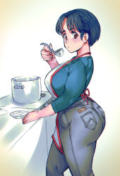 Rule 34 | 1girl, alternate breast size, apron, artist request, ass, black hair, blue shirt, blush, breasts, brown eyes, cooking, drawfag, grey pants, highres, ladle, large breasts, long sleeves, looking at viewer, pants, plump, ranma 1/2, shirt, short hair, sketch, solo, standing, stove, tendou akane
