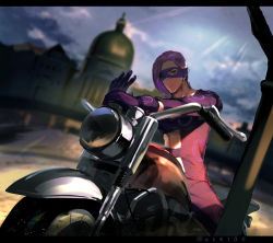 Rule 34 | 1boy, blue sky, blurry, blurry background, building, closed mouth, cloud, cloudy sky, gloves, green eyes, highres, italy, jojo no kimyou na bouken, letterboxed, long hair, long sleeves, looking at viewer, mask, melone, motor vehicle, motorcycle, outdoors, pants, purple gloves, purple hair, purple pants, purple shirt, shirt, single sleeve, sitting, sky, smile, solo, vento aureo, zouhyou (at4190)