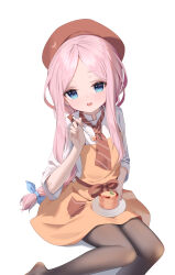 Rule 34 | 1girl, absurdres, apron, aqua eyes, beret, bingchuan xian yu huang, black pantyhose, blue ribbon, blush, brown hat, cafe stella to shinigami no chou, cake, commentary, feet out of frame, food, forehead, hair ribbon, hand up, hat, highres, holding, holding plate, holding spoon, incoming food, long hair, long sleeves, looking at viewer, low-tied long hair, no shoes, open mouth, orange apron, pantyhose, parted bangs, pink hair, plate, ribbon, shioyama suzune, shirt, sidelocks, simple background, sitting, smile, solo, spoon, straight hair, symbol-only commentary, teeth, tsurime, upper teeth only, very long hair, white background, white shirt, yokozuwari