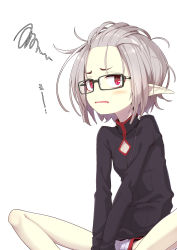 Rule 34 | 1girl, black-framed eyewear, black shirt, blush, fang, feet out of frame, forehead, glasses, grey hair, highres, long sleeves, looking at viewer, ogami kazuki, original, parted lips, pointy ears, red eyes, shirt, short shorts, shorts, simple background, sitting, solo, spread legs, squiggle, white background, white shorts