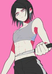 Rule 34 | 1girl, abs, bare arms, bare stomach, black hair, breasts, cutting, danganronpa: trigger happy havoc, danganronpa (series), freckles, grey eyes, ikusaba mukuro, knife, looking down, low angle, medium hair, muscular, muscular female, navel, neck, pants, pink background, self-harm, small breasts, sports bra, sportswear, stomach, track pants
