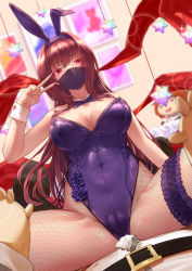 Rule 34 | 1boy, 1girl, absurdres, animal ears, bare shoulders, belt, breasts, cameltoe, cleavage, cleft of venus, covered navel, fake animal ears, fate/grand order, fate (series), fishnet pantyhose, fishnets, fujimaru ritsuka (male), girl on top, highleg, highleg leotard, highres, large breasts, leotard, long hair, mask, mouth mask, neckerchief, no bra, pantyhose, playboy bunny, pov, purple leotard, rabbit ears, red eyes, red hair, saint quartz (fate), scathach (fate), scathach (piercing bunny) (fate), spread legs, thigh strap, thighs, v, wrist cuffs