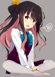 Rule 34 | 10s, 1girl, black hair, blue bow, blush, blush stickers, bow, bowtie, dress, fang, grey pantyhose, indian style, kantai collection, long hair, long sleeves, looking at viewer, multicolored hair, naganami (kancolle), no shoes, open mouth, pantyhose, pink hair, shirt, simple background, sitting, sleeveless, sleeveless dress, solo, spoken squiggle, squiggle, sutorora, sweatdrop, thighhighs, white shirt, white thighhighs, yellow bow, yellow eyes