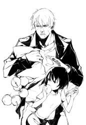 Rule 34 | 1boy, 1girl, apple, black hair, character request, dogs: bullets &amp; carnage, duoyuanjun, food, fruit, fuyumine naoto, greyscale, highres, monochrome, monochrome, scar, short hair, aged down