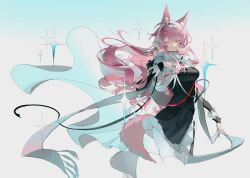 Rule 34 | 1girl, animal ear fluff, animal ears, arknights, black dress, breasts, cape, cleavage, closed eyes, closed mouth, cropped legs, dress, facing viewer, gradient background, hairband, heqing, highres, impossible clothes, impossible dress, large breasts, long hair, long sleeves, official alternate costume, pantyhose, pink hair, pozyomka (snowy plains in words) (arknights), smile, solo, tail, very long hair, white background, white cape, white hairband, white pantyhose, wolf ears, wolf girl, wolf tail