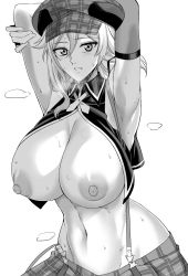 Rule 34 | 1girl, alisa ilinichina amiella, armpits, arms behind head, arms up, blush, breasts, breasts out, curvy, god eater, greyscale, hair between eyes, hat, heavy breathing, highres, huge breasts, looking at viewer, medium hair, monochrome, navel, nipples, parted lips, plaid, plaid skirt, simple background, skirt, solo, standing, stomach, suspender skirt, suspenders, sweat, white background, yugo (yugotme97)