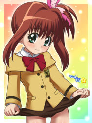Rule 34 | 1girl, awa, blush, bowtie, brown hair, brown skirt, clothes lift, gradient background, green eyes, hair ribbon, jacket, jewelpet (series), jewelpet twinkle, long hair, long sleeves, looking at viewer, multicolored background, ponytail, rainbow background, red bow, red bowtie, ribbon, sakura akari, school uniform, shirt, side ponytail, skirt, skirt lift, smile, solo, standing, white shirt, yellow jacket