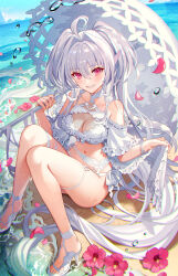 Rule 34 | 1girl, ahoge, bare legs, bare shoulders, beach, bikini, blue sky, blush, bracelet, breasts, clear sky, fate/grand order, fate (series), flower, grey hair, highres, holding, holding umbrella, jewelry, lady avalon (fate), lady avalon (second ascension) (fate), long hair, looking at viewer, medium breasts, merlin (fate/prototype), michi (iawei), ocean, on bench, petals, pink flower, pointy ears, red eyes, sitting, sky, smile, solo, swimsuit, teeth, umbrella, very long hair, water, white bikini, white footwear