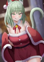 Rule 34 | 1girl, :q, animal ear fluff, animal ears, arknights, bell, breasts, cat ears, cat girl, cat tail, christmas, cleavage, coat, cowboy shot, detached collar, dress, fur-trimmed dress, fur trim, green eyes, green hair, harmonie (arknights), holding, large breasts, licking lips, long hair, looking at viewer, matsutake in, neck bell, neck ribbon, red dress, red ribbon, ribbon, santa costume, santa dress, solo, strapless, strapless dress, tail, tongue, tongue out, white coat