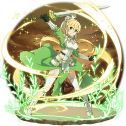Rule 34 | 1girl, armor, blonde hair, boots, breastplate, breasts, cleavage, closed mouth, faux figurine, floating hair, full body, garter belt, gloves, green gloves, green skirt, grey eyes, hair between eyes, hair tubes, highres, holding, holding sword, holding weapon, leafa, leafa (terraria), long hair, medium breasts, official art, outstretched arm, ponytail, sidelocks, skirt, solo, standing, sword, sword art online, sword art online: memory defrag, thigh boots, thighhighs, thighs, transparent background, very long hair, weapon, white footwear