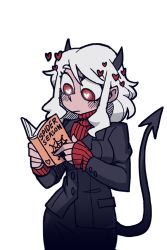 Rule 34 | 1girl, black horns, black suit, blush, book, breasts, demon girl, demon horns, demon tail, heart, heart-shaped pupils, helltaker, holding, holding book, horns, large breasts, long sleeves, looking at object, modeus (helltaker), official art, open book, reading, red eyes, red sweater, shirt, short hair, sleeves past wrists, solo, suit, sweater, symbol-shaped pupils, tail, transparent background, turtleneck, vanripper, white hair