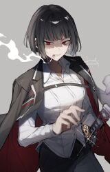 Rule 34 | 1girl, absurdres, anger vein, black hair, black jacket, black pants, bntw22, cigarette, clenched teeth, cowboy shot, fighting stance, grey background, highres, holding, jacket, jacket on shoulders, limbus company, looking at viewer, ootachi, pants, project moon, red eyes, ryoshu (project moon), short hair, simple background, smoke, smoking, solo, teeth