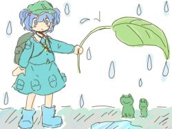 Rule 34 | 1girl, backpack, bad id, bad pixiv id, bag, blue eyes, blue hair, blush stickers, boots, female focus, frog, hair bobbles, hair ornament, hat, kawashiro nitori, key, leaf, matching hair/eyes, rain, short hair, simple background, smile, solo, touhou, twintails, two side up, water drop