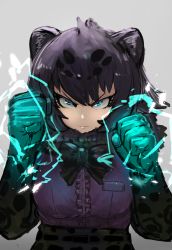 Rule 34 | 1girl, :|, adeshi (adeshi0693119), animal ears, aqua eyes, black bow, black hair, black jaguar (kemono friends), bow, bowtie, breast pocket, clenched hands, closed mouth, commentary request, elbow gloves, frown, fur collar, gloves, glowing hands, grey background, hair between eyes, hands up, highres, jaguar ears, jaguar print, kemono friends, pocket, print gloves, print skirt, raised fists, short hair, sidelocks, simple background, skirt, solo, sparks, tsurime, v-shaped eyebrows