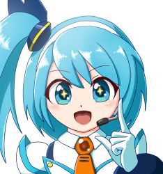 Rule 34 | 1girl, :d, android, ba- show, blue eyes, blue hair, capcom, highres, looking at viewer, mega man (series), mega man x (series), mega man x dive, microphone, necktie, open mouth, red necktie, rico (mega man), side ponytail, smile, solo, star-shaped pupils, star (symbol), symbol-shaped pupils, white background