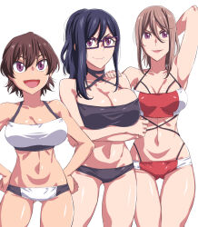 Rule 34 | 3girls, arm up, bare shoulders, black hair, breasts, brown hair, character request, cleavage, collarbone, commentary request, crossed arms, delinquent, freckles, glasses, hands on own hips, highres, hitomi-chan wa hitomishiri, large breasts, light brown hair, lips, long bangs, long hair, long neck, midriff, multiple girls, natsumi chorisuke, naughty face, navel, official art, open mouth, pale skin, ponytail, purple eyes, shiny skin, short hair, swimsuit, thighs, toned, two-tone swimsuit, white background