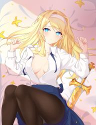 Rule 34 | 1girl, alice zuberg, aqua eyes, black pantyhose, blonde hair, blush, breasts, bright pupils, cleavage, collared shirt, commentary, english commentary, feet out of frame, from above, hair intakes, hairband, highres, legs up, long hair, long sleeves, lying, medium breasts, no bra, on back, on side, open clothes, open shirt, panties, panties under pantyhose, pantyhose, pantyshot, parted lips, shirt, smile, solo, swept bangs, sword, sword art online, sword art online: alicization, underwear, upskirt, vayneeeee, weapon, white hairband, white shirt