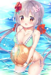 Rule 34 | 1girl, :d, ball, beachball, bikini, blush, breasts, brown eyes, cleavage, collarbone, flower, frilled bikini, frills, green bikini, grey hair, hair flower, hair ornament, hibiscus, highres, kurou (quadruple zero), large breasts, long hair, looking at viewer, low twintails, navel, ocean, open mouth, original, rabbit hair ornament, red flower, side-tie bikini bottom, sidelocks, smile, solo, swimsuit, tareme, thighs, twintails, wading