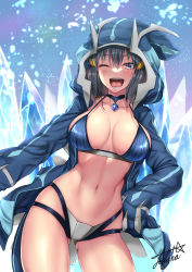Rule 34 | 1girl, ;d, bikini, black hair, blue bikini, blue choker, blue hoodie, blush, breasts, character hood, choker, cleavage, collarbone, commentary request, cosplay, cowboy shot, creatures (company), dawn (pokemon), dialga, dialga (cosplay), fake tail, game freak, gen 4 pokemon, gluteal fold, grey eyes, hair between eyes, hair ornament, hairclip, hands up, hat, highleg, highleg bikini, highres, hood, hood up, hoodie, ice, large breasts, legendary pokemon, long hair, looking at viewer, multi-strapped bikini, navel, nintendo, one eye closed, open clothes, open hoodie, open mouth, partial commentary, pokemon, pokemon dppt, sidelocks, sign, simple background, smile, solo, stomach, swimsuit, tail, takecha, teeth