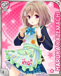 Rule 34 | 1girl, :o, apron, blazer, blue bow, blue jacket, blue skirt, blush, bow, bowtie, brown hair, rabbit hair ornament, cardigan, character name, girlfriend (kari), hair ornament, hairclip, jacket, kazemachi haruka, long sleeves, looking at viewer, official art, open mouth, pink background, pink eyes, plaid, plaid skirt, qp:flapper, school uniform, short hair, skirt, solo, tareme, treble clef