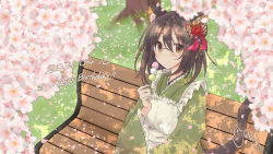 Rule 34 | 1girl, alternate costume, animal ear fluff, animal ears, apron, bench, black hair, cat ears, cat tail, cherry blossoms, dango, dated, enmaided, flower, food, frilled apron, frilled kimono, frilled sleeves, frills, glasses, grass, green kimono, hair flower, hair ornament, happy birthday, holding, holding food, idolmaster, idolmaster cinderella girls, japanese clothes, kamijo haruna, kimono, looking at viewer, maid, outdoors, petals, sanshoku dango, shade, shion mnkm, signature, sitting, solo, tail, upper body, wa maid, wagashi, wide sleeves