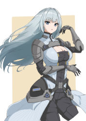 Rule 34 | 1girl, absurdres, aotsuba, armor, blue eyes, breast tattoo, breasts, cleavage, cleavage cutout, closed mouth, clothing cutout, ethel (xenoblade), grey hair, highres, large breasts, long hair, looking at viewer, shoulder armor, simple background, solo, tattoo, upper body, very long hair, weapon, white background, xenoblade chronicles (series), xenoblade chronicles 3
