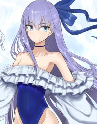 Rule 34 | &gt;:), 1girl, bare shoulders, blue bow, blue choker, blue eyes, blue one-piece swimsuit, bow, choker, closed mouth, collarbone, commentary request, covered navel, fate/grand order, fate (series), groin, hair between eyes, hair bow, hinomaru (futagun), long hair, long sleeves, meltryllis, meltryllis (fate), meltryllis (swimsuit lancer) (fate), meltryllis (swimsuit lancer) (second ascension) (fate), one-piece swimsuit, puffy long sleeves, puffy sleeves, purple hair, sleeves past fingers, sleeves past wrists, smile, solo, strapless, strapless one-piece swimsuit, swimsuit, v-shaped eyebrows, very long hair
