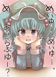 Rule 34 | 1girl, blue eyes, blue hair, blush, head rest, female focus, gaoo (frpjx283), hair bobbles, hair ornament, hat, kawashiro nitori, long sleeves, looking at viewer, matching hair/eyes, open mouth, short hair, short twintails, solo, touhou, twintails, two side up