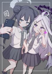 2girls absurdres ahoge alternate_costume black_skirt blue_archive blunt_bangs blush cellphone closed_mouth collared_shirt demon_wings double-parted_hair double_bun emoticon grey_eyes grey_halo hair_bun hair_ornament hairclip halo hand_up highres hina_(blue_archive) holding holding_phone horns kisaki_(blue_archive) light_smile locked_arms long_hair looking_at_phone multiple_girls necktie phone pleated_skirt purple_eyes purple_halo school_uniform selfie shirt shoes short_sleeves skirt smartphone smile striped_necktie v very_long_hair white_shirt wings