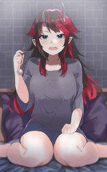 Rule 34 | 1girl, absurdres, alternate costume, barefoot, black hair, blue eyes, blush, breasts, commentary request, demon girl, demon horns, full body, grey shirt, highres, holding, horns, lap pillow invitation, large breasts, long hair, looking at viewer, mimikaki, multicolored hair, naked shirt, nanashi inc., on bed, open mouth, pointy ears, red hair, ryugasaki rene, shirt, sitting, solo, sugar lyric, two-tone hair, virtual youtuber, wariza, zono (inokura syuzo029)