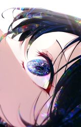 Rule 34 | 1girl, 58 (opal 00 58), absurdres, black hair, blue eyes, blurry, blurry foreground, close-up, depth of field, eye focus, eyelashes, from side, gradient eyes, hair over one eye, highres, light rays, looking away, multicolored eyes, one eye covered, original, rainbow, shadow, sidelighting, simple background, solo, white background