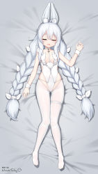 Rule 34 | 1girl, animal ear fluff, artist name, azur lane, bed sheet, blush, braid, cameltoe, choker, closed eyes, collarbone, crotchless, crotchless pantyhose, female focus, flat chest, from above, full body, grey background, grey hair, hair ribbon, hand up, huoji (wonderturkey), knees together feet apart, le malin (azur lane), le malin (listless lapin) (azur lane), leotard, light blush, long hair, lying, monochrome, on back, open mouth, pantyhose, rabbit ears, rabbit girl, revealing clothes, ribbon, sidelocks, signature, simple background, skindentation, sleeping, solo, thigh strap, twin braids, twintails, u u, very long hair, white choker, white leotard, white pantyhose, white ribbon, wrist cuffs