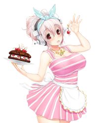 Rule 34 | 1girl, alternate hairstyle, apron, blush, breasts, cake, cherry, cleavage, food, fruit, hair up, headband, headphones, large breasts, looking at viewer, nail polish, nitroplus, open mouth, pink hair, red eyes, solo, super sonico, transparent, transparent background, tsuji santa, waist apron, whipped cream
