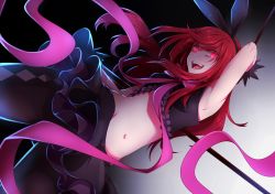 Rule 34 | 1girl, armpits, bad id, bad pixiv id, frilled skirt, frills, gloves, glowing, glowing eyes, hairband, looking at viewer, navel, open mouth, pantyhose, red eyes, red hair, shumai (sm318), skirt, sleeveless, solo, stacia (unlight), unlight, weapon