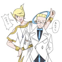 Rule 34 | 2boys, 99akt1031, :d, black shirt, blonde hair, blue hair, bracelet, closed mouth, coat, collarbone, colress (pokemon), commentary request, creatures (company), game freak, glasses, grey eyes, hair over one eye, hand up, jewelry, male focus, multicolored hair, multiple boys, necklace, nintendo, open mouth, pokemon, pokemon bw2, pokemon legends: arceus, shirt, short sleeves, simple background, smile, speech bubble, thumbs up, translation request, two-tone hair, volo (pokemon), white background, white coat, white shirt